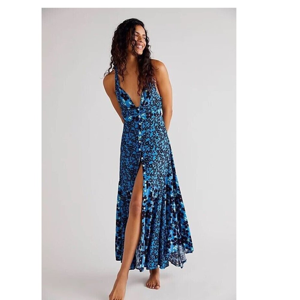 NEW Free People Dewberry Maxi Dress Cobalt Combo Floral Blue Black Buttoned - Picture 2 of 6
